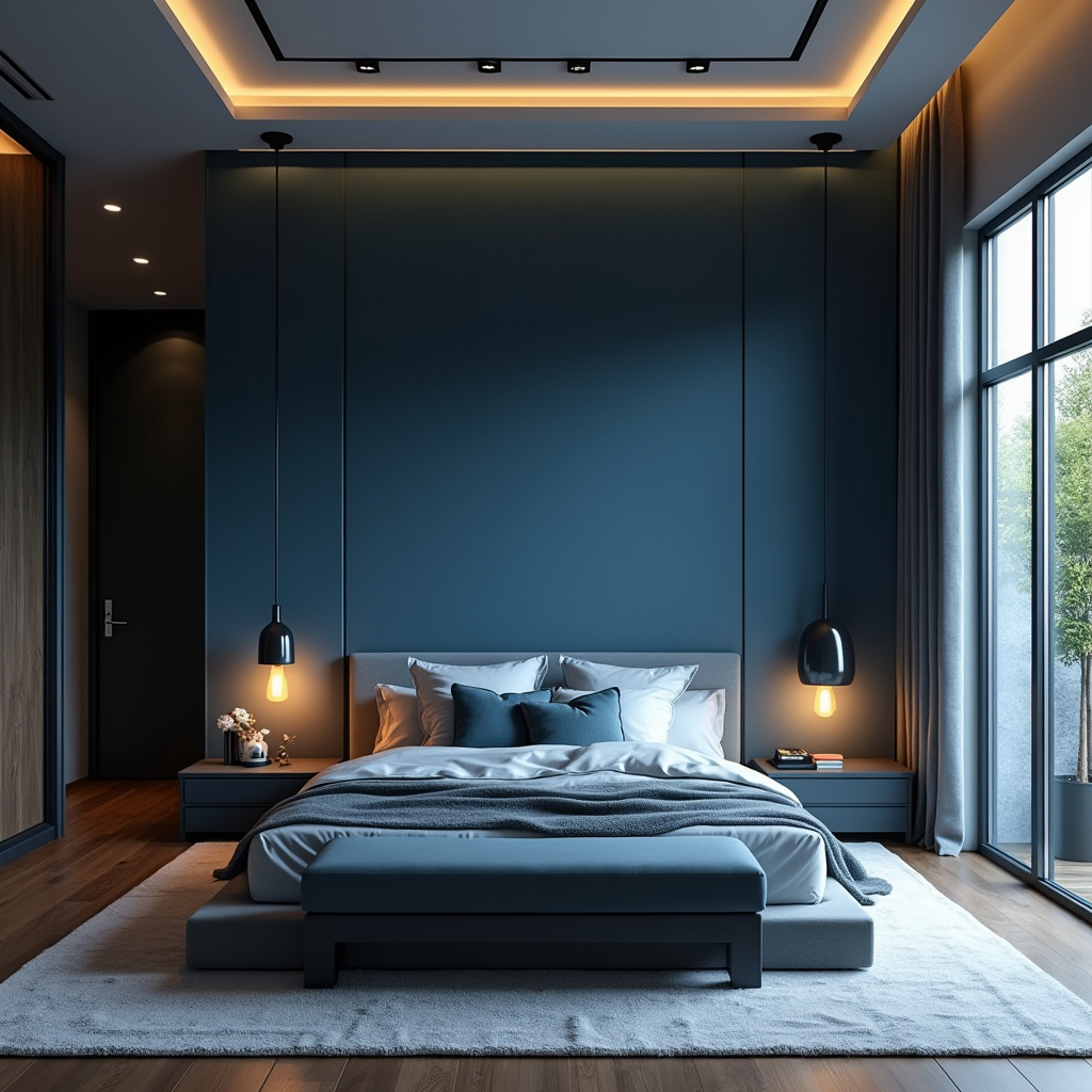 Dunkelblaues Schlafzimmer mit hoher Decke und modernem, stilvollem Innenarchitekturdesign.
